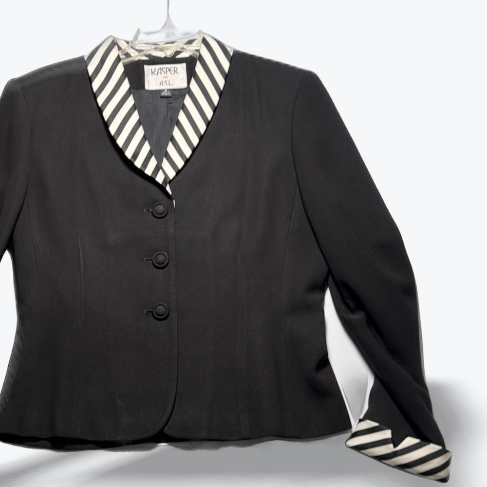 Kasper for ASL Womens Blazer Size 8 Black Striped Collar Cuffs Vintage